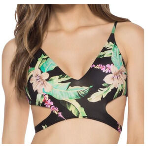 Isabella Rose Womens Black Floral Cut-Out V-Neck Bikini Swim Top Large